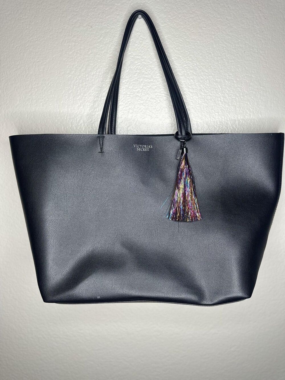 Victoria's Secret Tote Bag Womens Large Black Faux Leather Tassel Purse